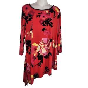 Susan Graver Womens Printed Liquid Knit Asymmetrical Hem Tunic Coral M A265002